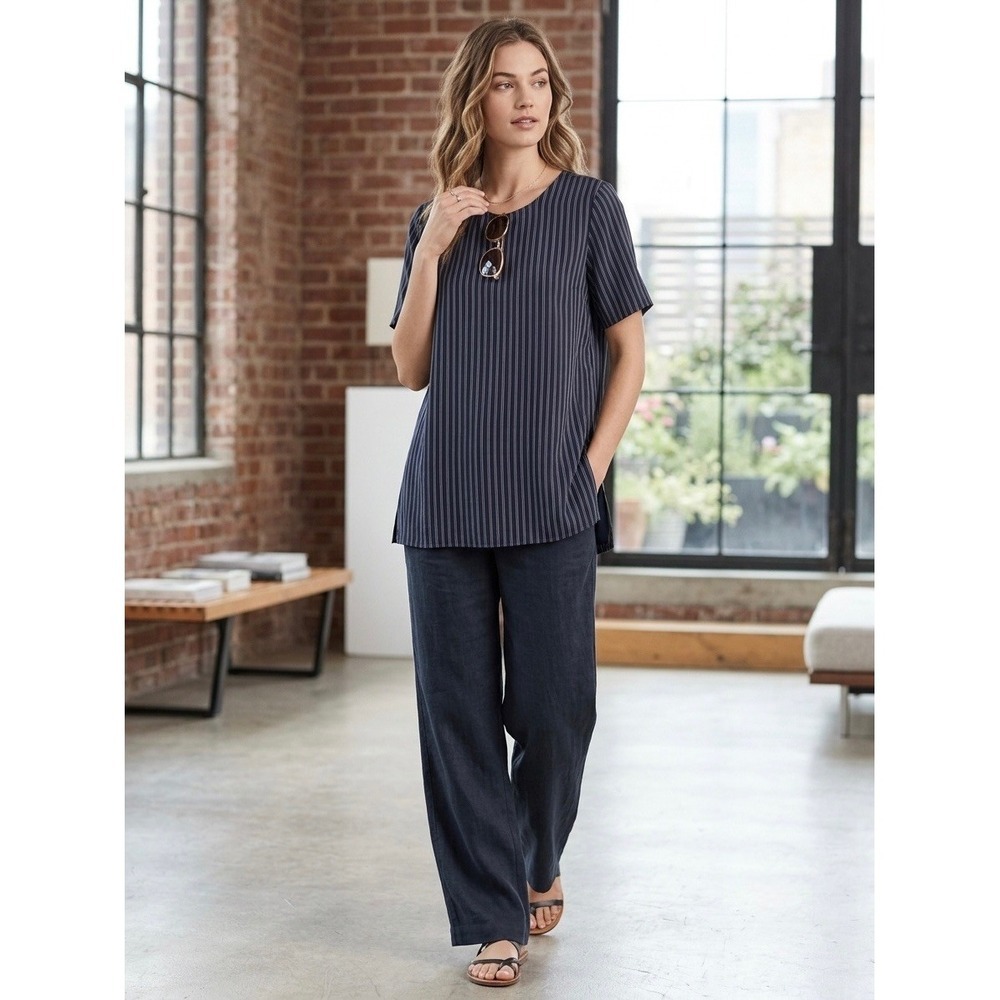 Eileen Fisher Navy Pinstripe Tencel Viscose Short Sleeve Tunic Top Blouse M